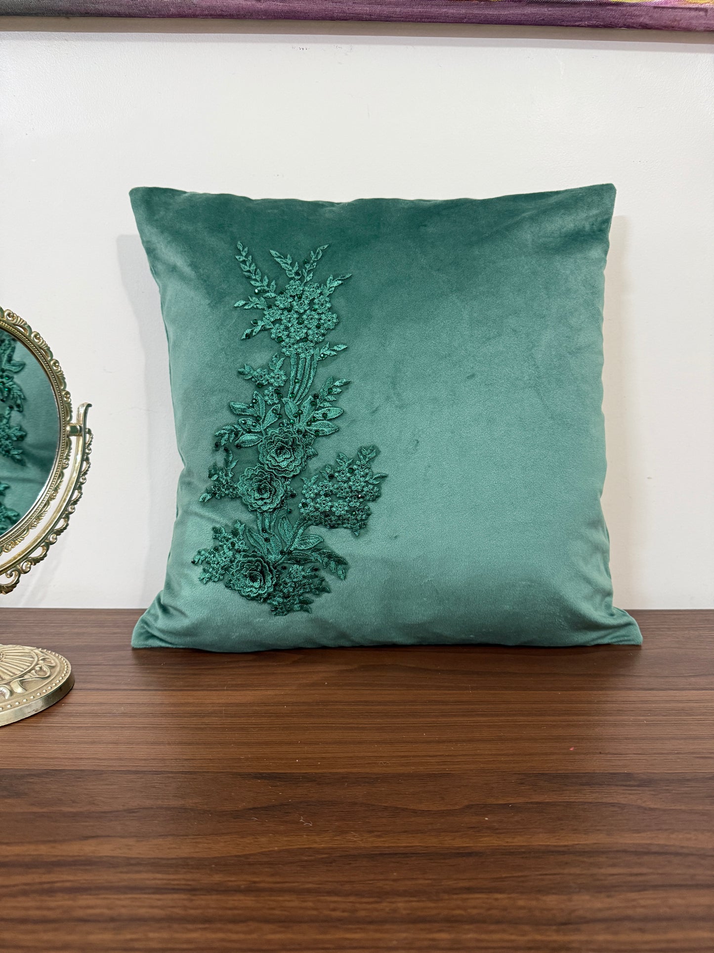 Jade Green Velvet Cushion Cover with Embellished Lace Motif