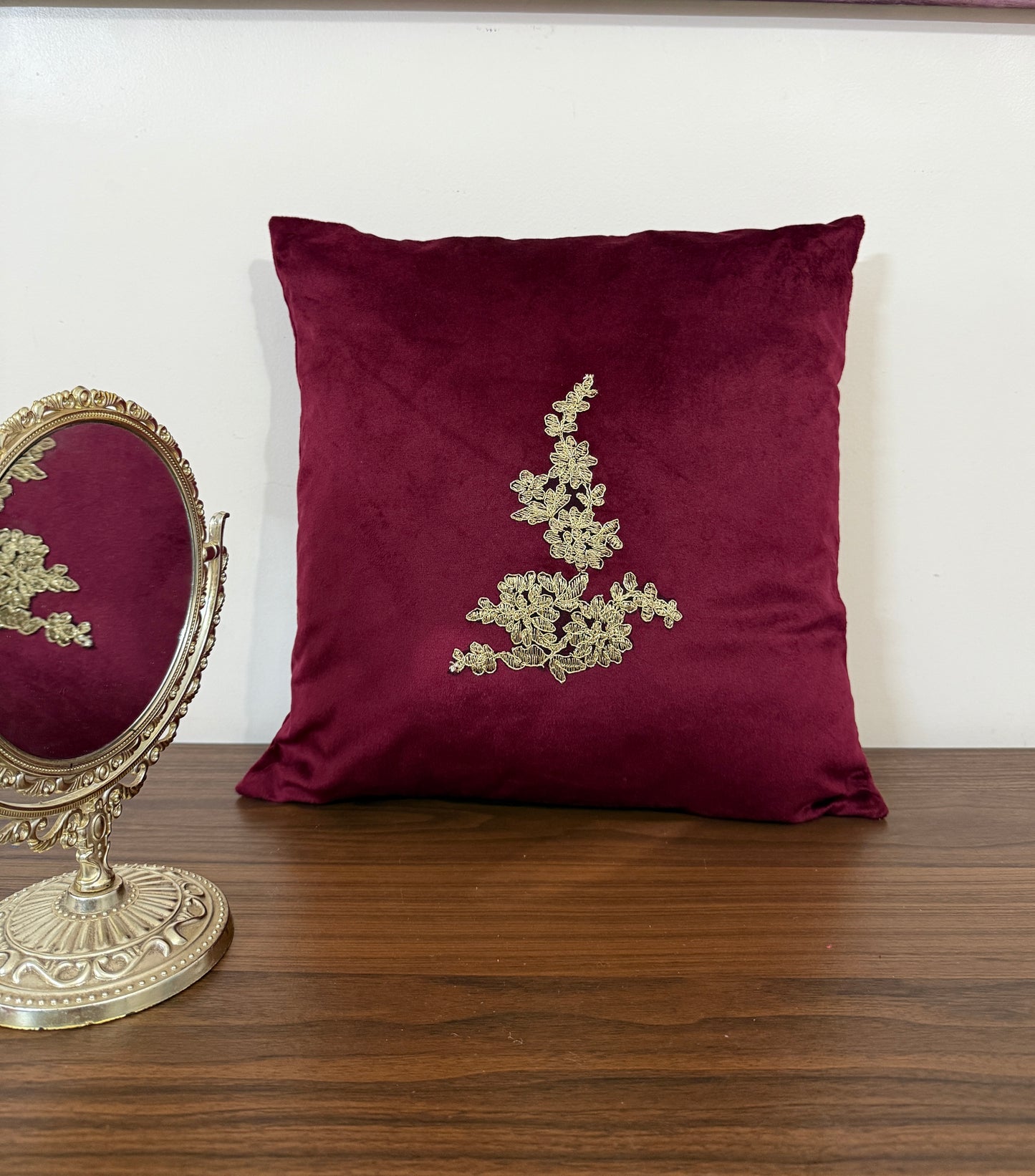 Maroon Velvet Cushion Cover with Gold Embroidered Motif - Set of 2