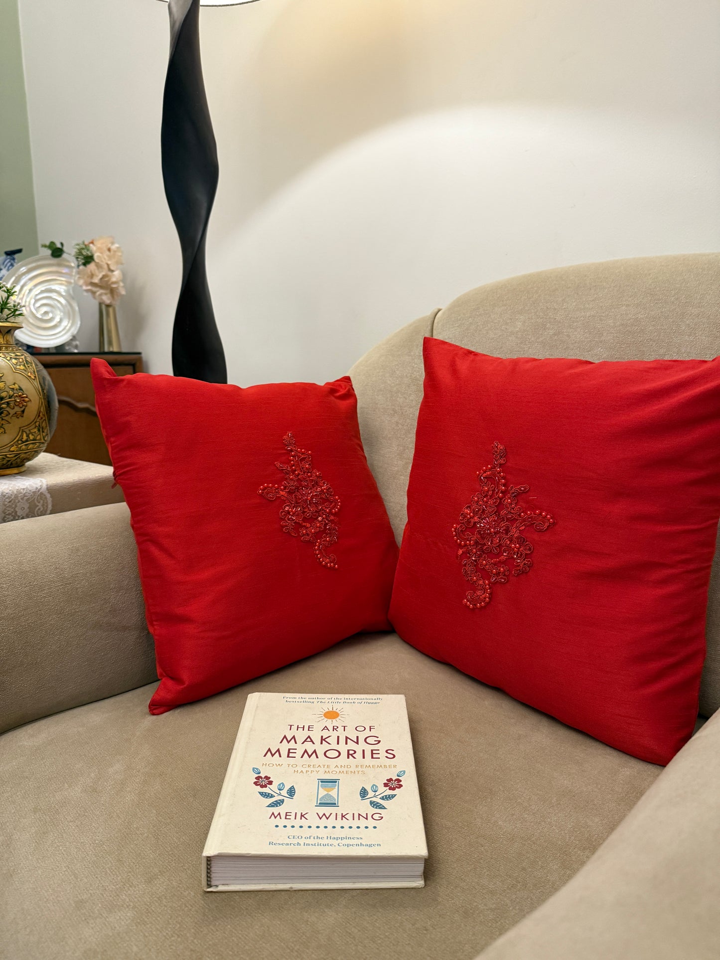 Red Silk Cushion Cover with  Sequin and beaded Motif- Set of 2