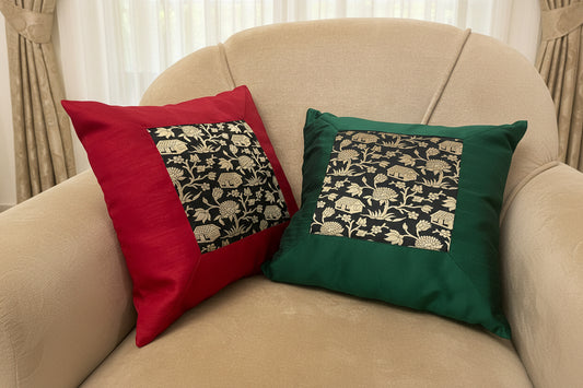 Forest-Inspired Brocade Silk Cushion Cover with a silk border