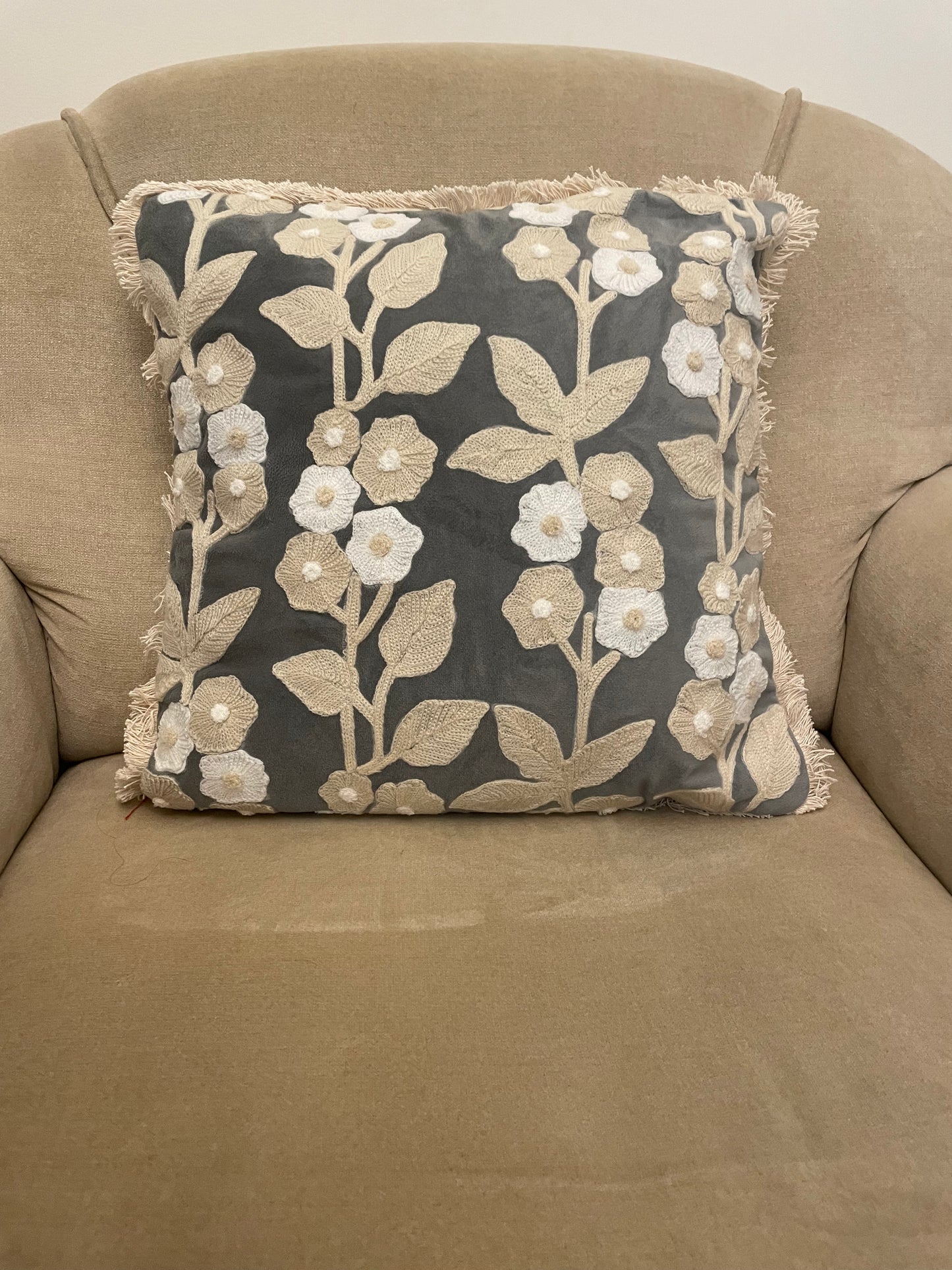 Dark Grey Velvet Cushion cover with Soft Cream Embroidery