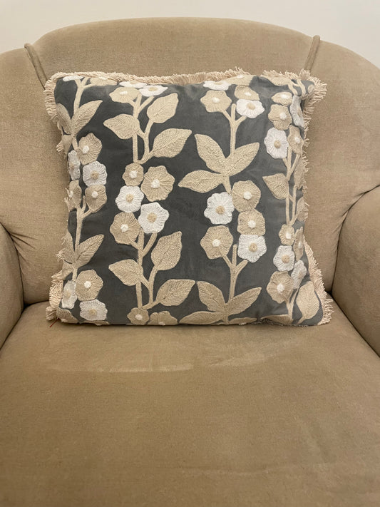 Dark Grey Velvet Cushion cover with Soft Cream Embroidery