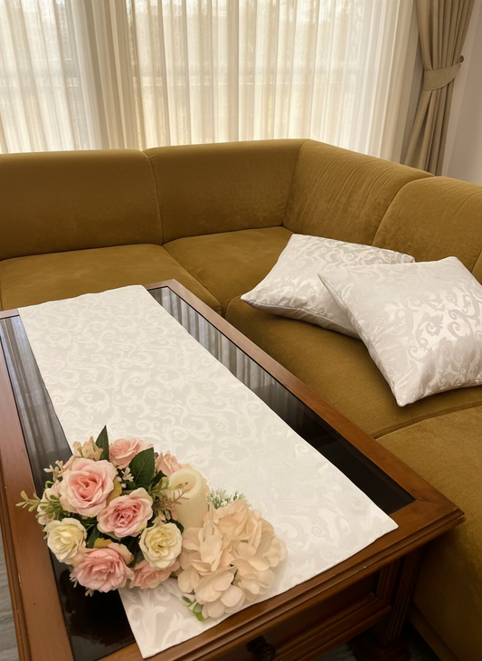 Offwhite  Self-Printed Satin Runner and 2 Cushion Covers