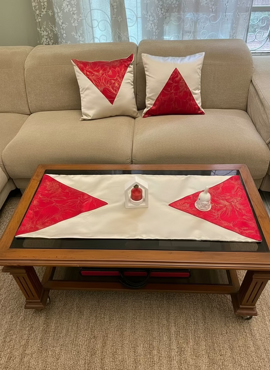 Red Triangle Patch - set of 2 Satin Cushion covers and a Runner