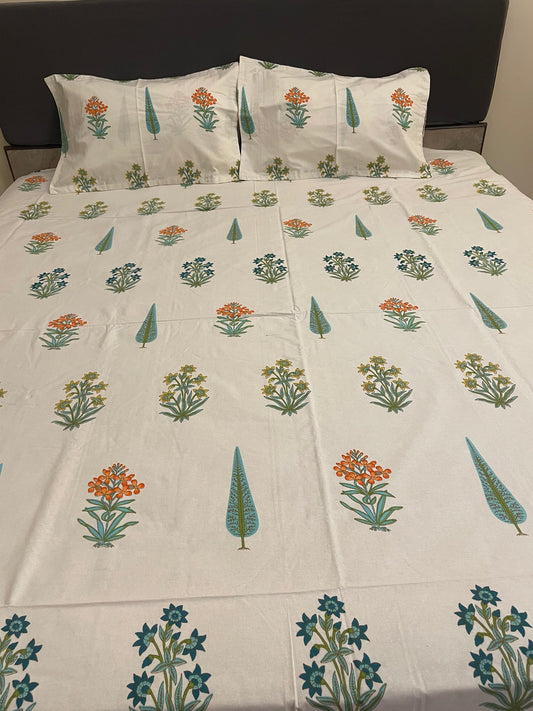 Mughal Garden (Green) Super King size bedsheet and 2 pillow covers