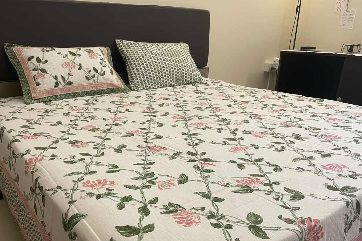 Blooming vines (Green)- Set of one Bedsheet and 2 pillow covers