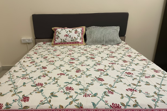 Blooming vines (Yellow Border)- Set of one Bedsheet and 2 pillow covers