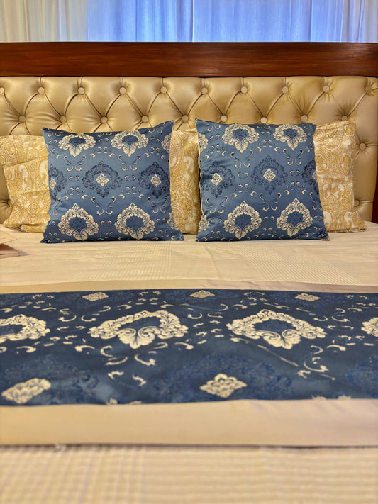 Jacquard-Satin Blue shade Bedrunnner and cushion Cover (Copy)
