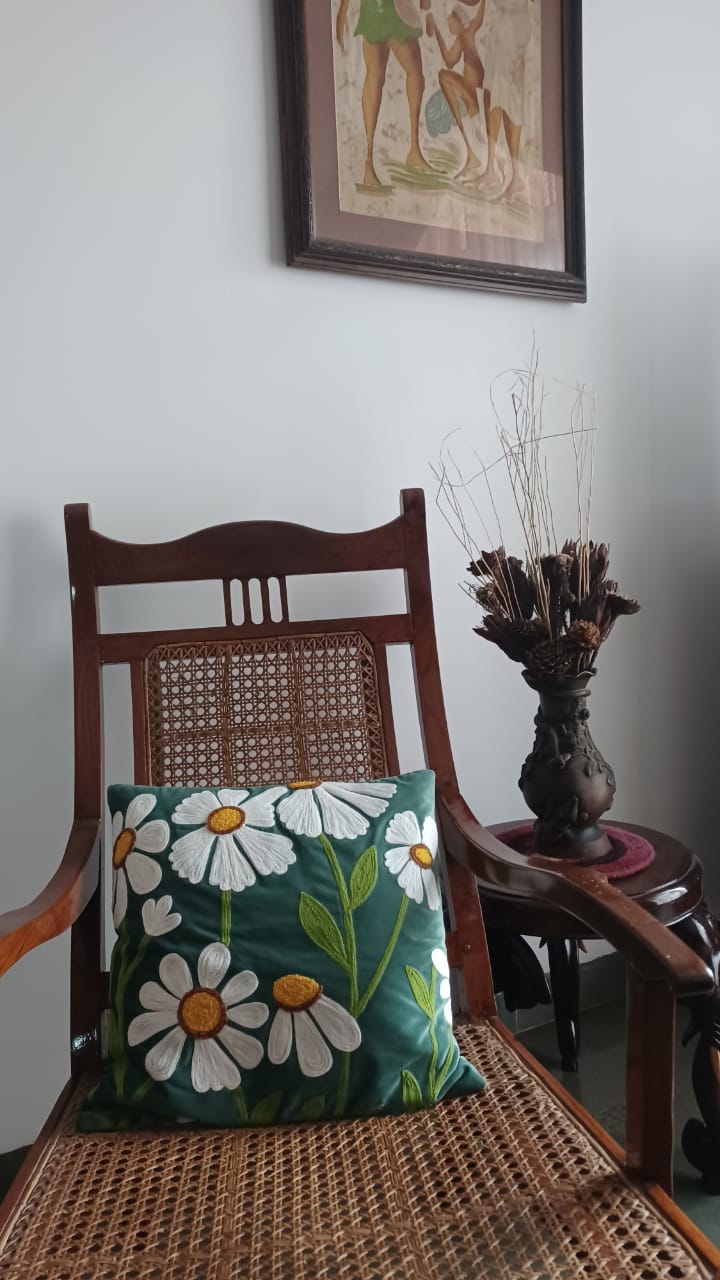 Green Velvet Cushion Cover with White Daisy Embroidery