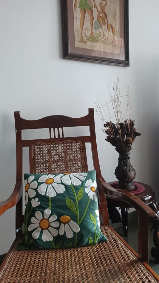 Green Velvet Cushion Cover with White Daisy Embroidery