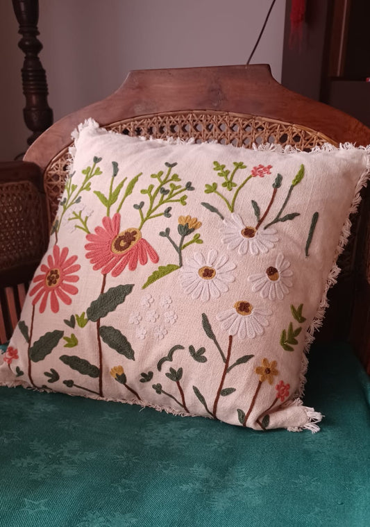 White & Orange Floral Embroidered Cushion Cover