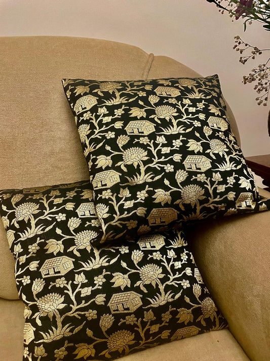 Black & Gold Brocade Cushion Cover – Forest-Inspired Fairy Tale Design