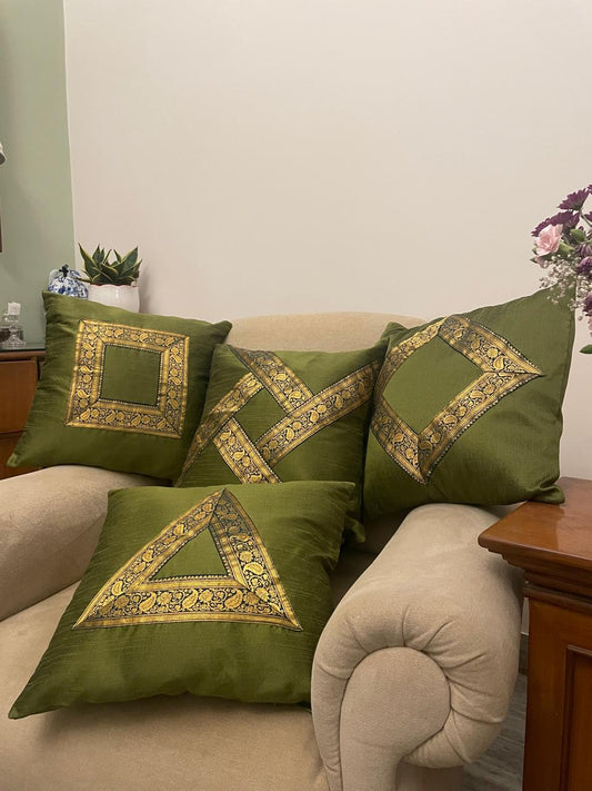 Olive Green Cushion Covers Embellished with Zari bordered lace