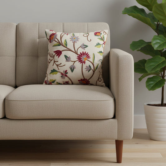 Maroon Floral Embroidered Cotton Cushion Cover”